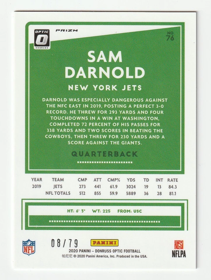 2020 Panini Donruss Optic Pink Velocity Prizm Sam Darnold Vikings /79 #76 - Image 2 of 2