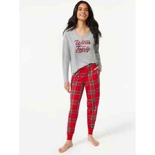 Joyspun Women's Long Sleeve Sleep Top and Jogger 2-Piece PJ Set, Size S 4-6 
