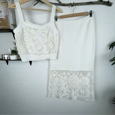 NWT House of Harlow 1960 White Crochet Cotton Top and Midi Skirt Set SIZE S