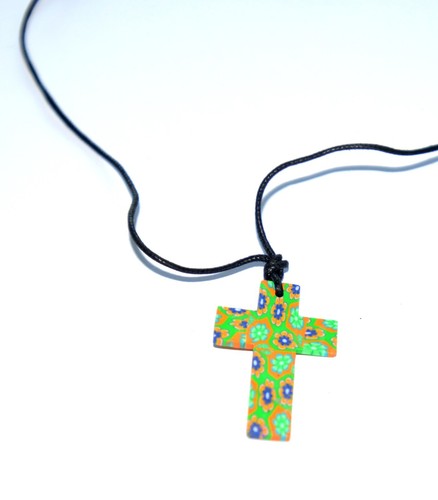 Rubber Cross Crucifix Pendant Floral Pattern Necklace On Adjustable Black Cord - Picture 4 of 8