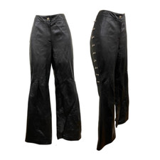 Vtg Vintage 1990s 90s ESCADA Designer Black Leather Silver Hoop Hardware Pants