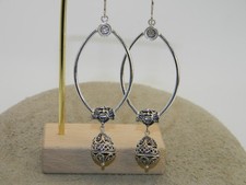 Sterling Silver Oval Hoop Dangle Earrings with Filigree Bead