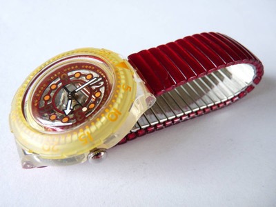 Battery Replaced Swatch Scuba 1994 Model Red Marine Sdk114 Bellows Belt Large Si