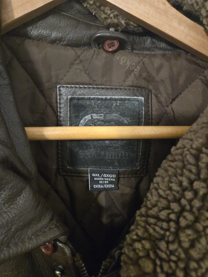 ECKO Unltd Leather Bomber Jacket 4XL Brown Urban Patch Work Y2K Hip Hop Moto - Image 4 of 4
