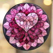 Heart Flower Faux Stained-Glass WINDOW CLING Suncatcher Size 8" Round