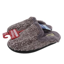 Dearfoams Women Medium 7-8 Grey Chenille Cable Knit Faux Fur Slide Slippers NEW