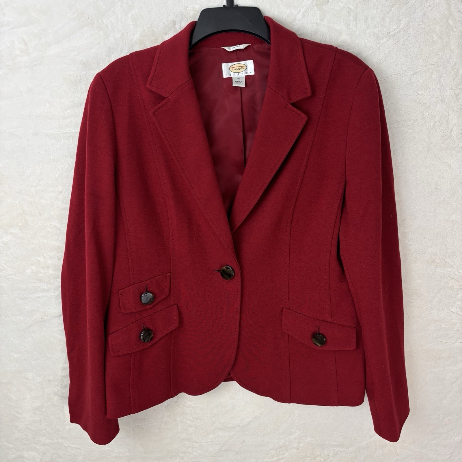Talbots Berry Red Wool Blend Stretch Blazer 16 P (14 P) Button Up Pockets