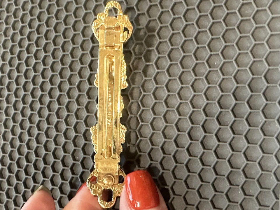 Clip de pasador de pelo de filigrana tono dorado vintage hecho en Francia piedras rosas Foto 3 de 4
