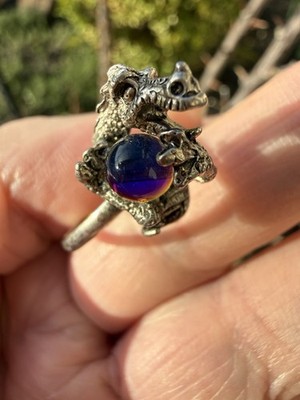 Vintage Delicate Silver Tone Dragon Ring Holding Crystal Ball Adjustable! Cool!