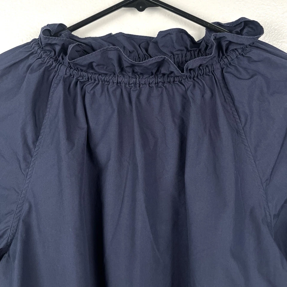 Blusa Top Ann Mashburn Mediana Azul Marino Algodón Volantes Cuello Alto Manga Larga Foto 2 de 4