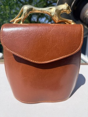 Vintage Brown Leather Handbag with Panther Handle  Without Shoulder Strap