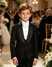 Kids Rhinestone Embellished Suit Tuxedo Jacket Wedding Page Boy Formal Dress