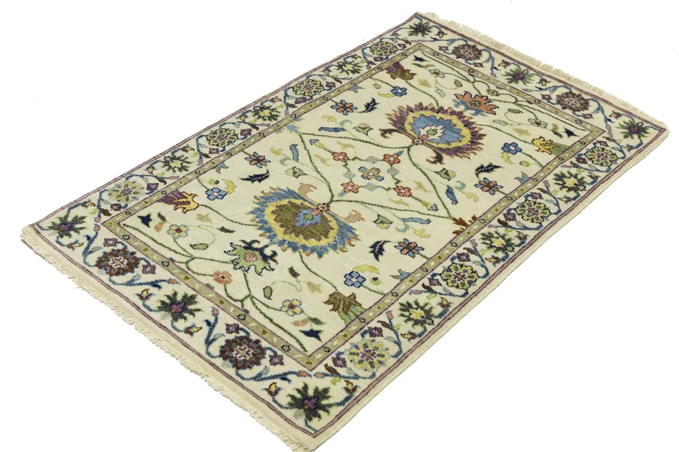 Handmade Cream Floral Design Oushak Chobi Rug 3X5 ft Small Size Oriental Carpet - Image 3 of 4