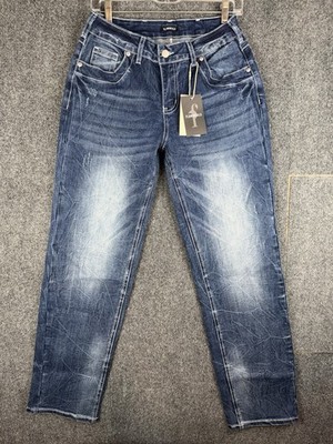 Flamingals Mid Rise Straight Leg Jeans Women Small Distressed Faded Tapered