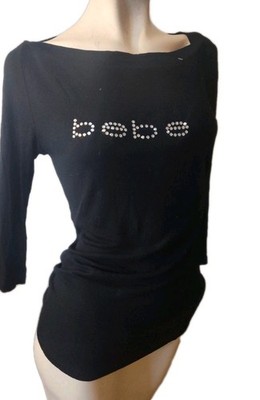 Vintage Y2K Bebe Tshirt Large Sequin Crystal Spell out Long Sleeve Black Stretch