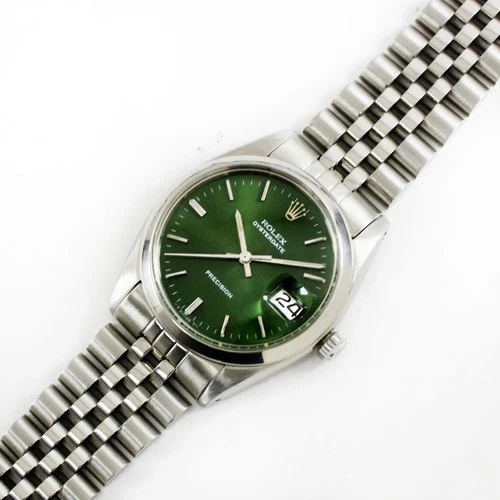 Vintage Rolex Oysterdate Precision Green Dial 34mm Men Steel Watch Ref 6694