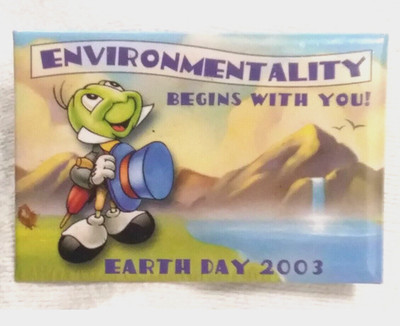 Disney Earth Day 2003 Environmentality Jiminy Cricket Rectangle Button Pin 3+''