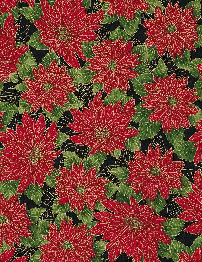 Christmas Fabric - Metallic Poinsettia & Leaf Black - Timeless Treasures YARD