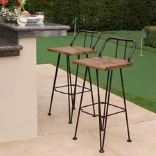 Outdoor Industrial Acacia Wood Bar Stool (Set of 2) Iron Frame Footrest Rustic