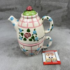 Vintage Mary Engelbreit Rose Patch Teapot Teacup Enesco 1998 Tea For One NOS