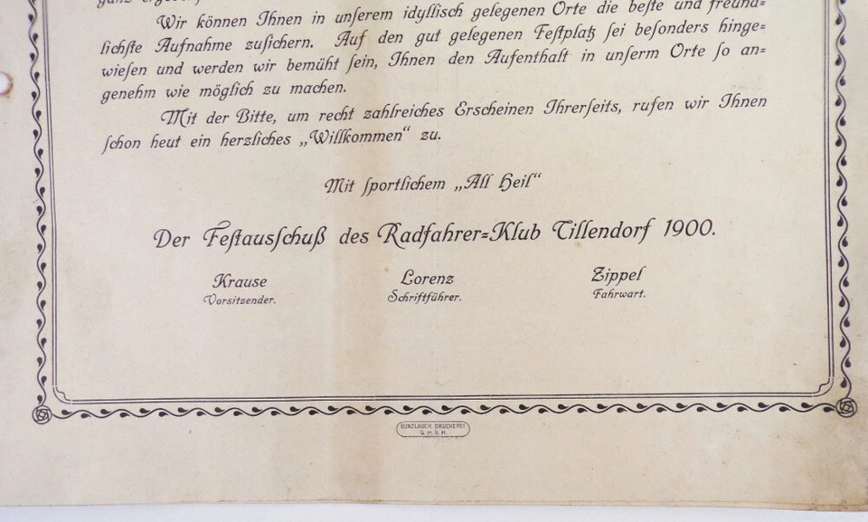 Altes Dokument Radfahrer Klub Tillendorf 1900 Schlesien 1913 Festordnung - Bild 3 von 4