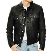 New Trendy Men Real Sheepskin Black Denim Style Soft Leather Trucker Jacket