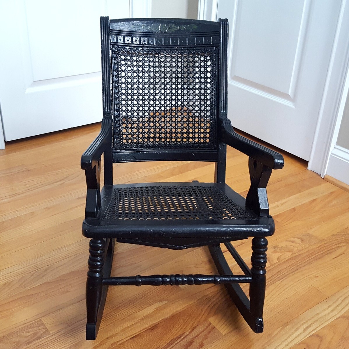 Vintage/Antique? Black Cane Kids Rocking Chair Very Detailed