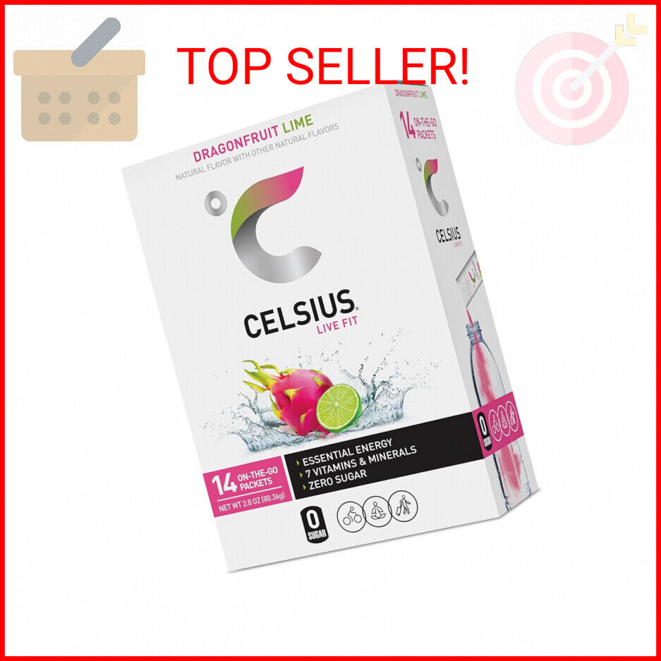 Box)CELSIUS Dragonfruit Lime Powder Sticks - On-the-Go, Zero Sugar (14ct Box)