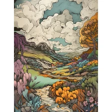 Meadow River Multicoloured Landscape Illustration Huge Art Poster Print Giant