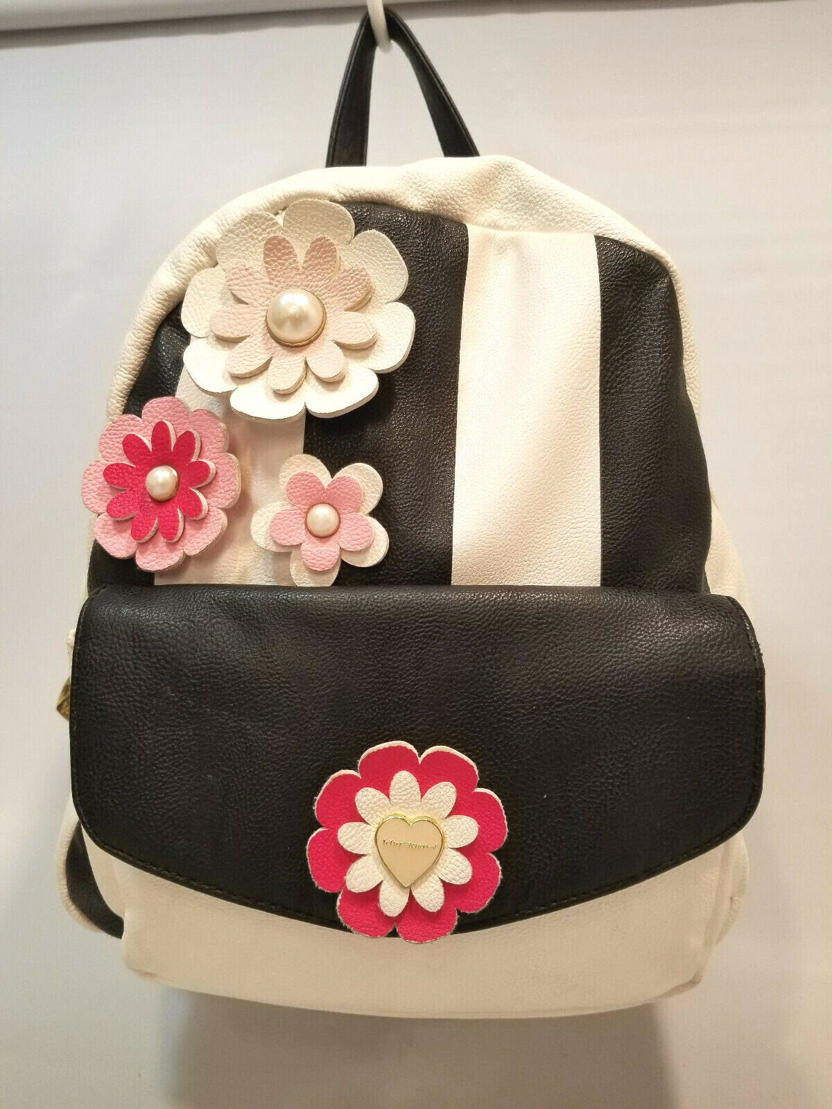 BETSEY JOHNSON Black White Pink Vinyl Backpack Purse … Gem