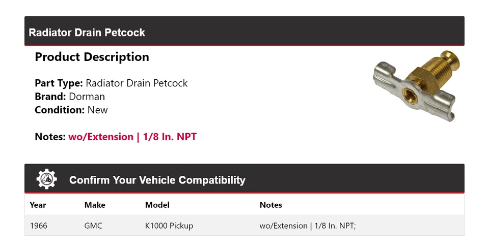 Para GMC K1000 1966 camioneta Dorman radiador drenaje Petcock Foto 2 de 4