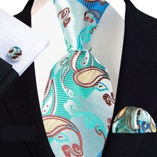 Classic Paisley Cyan Brown Jacquard Silk Men's Tie Necktie Hanky Cufflink Set