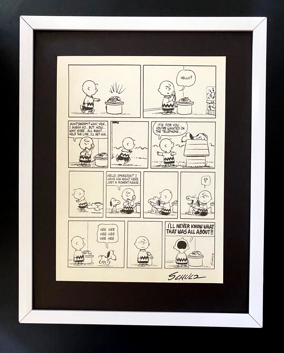 Charles Schulz 1968 Signed Peanuts Snoopy Cartoon Framed Silver