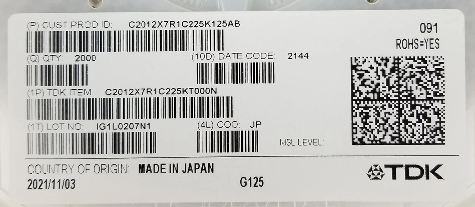 6000 TDK C2012X7R1C225K125AB Ceramic Capacitor Multlayer 2.2uF 16V 0805 SMD Reel - image 4 of 4