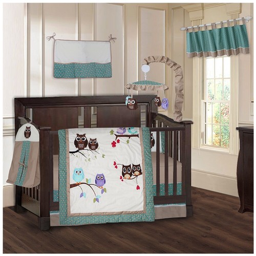 BabyFad Owl Deep Sea Turquoise 9 Piece Baby Crib Bedding set