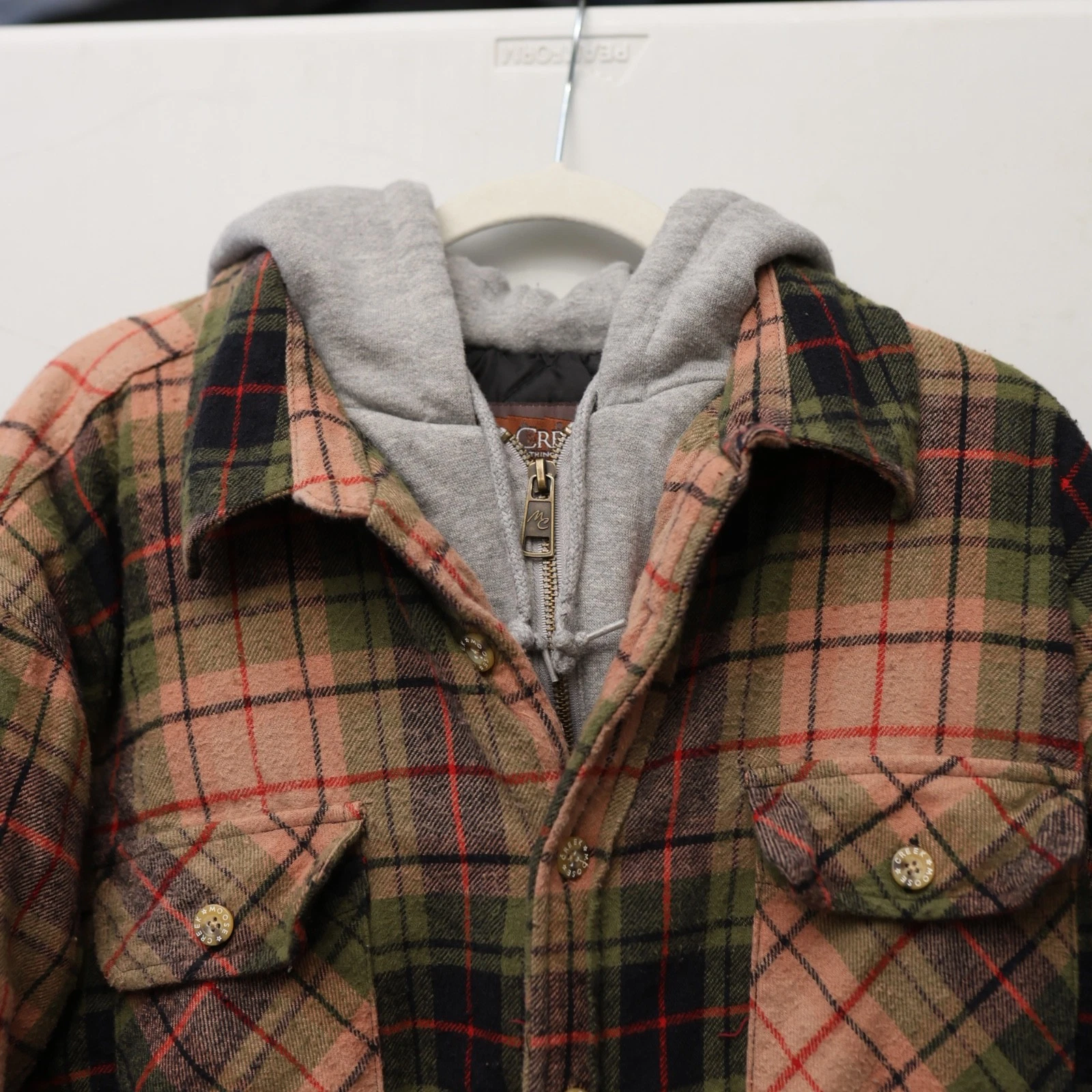 Moose Creek Mens XL Quilted Lined Flannel Hooded Shirt Jacket Plaid Green Peach - product detail image 3