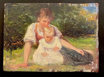 antikes kleines Ölgemälde - junge Frau mit Kleinkind um 1900