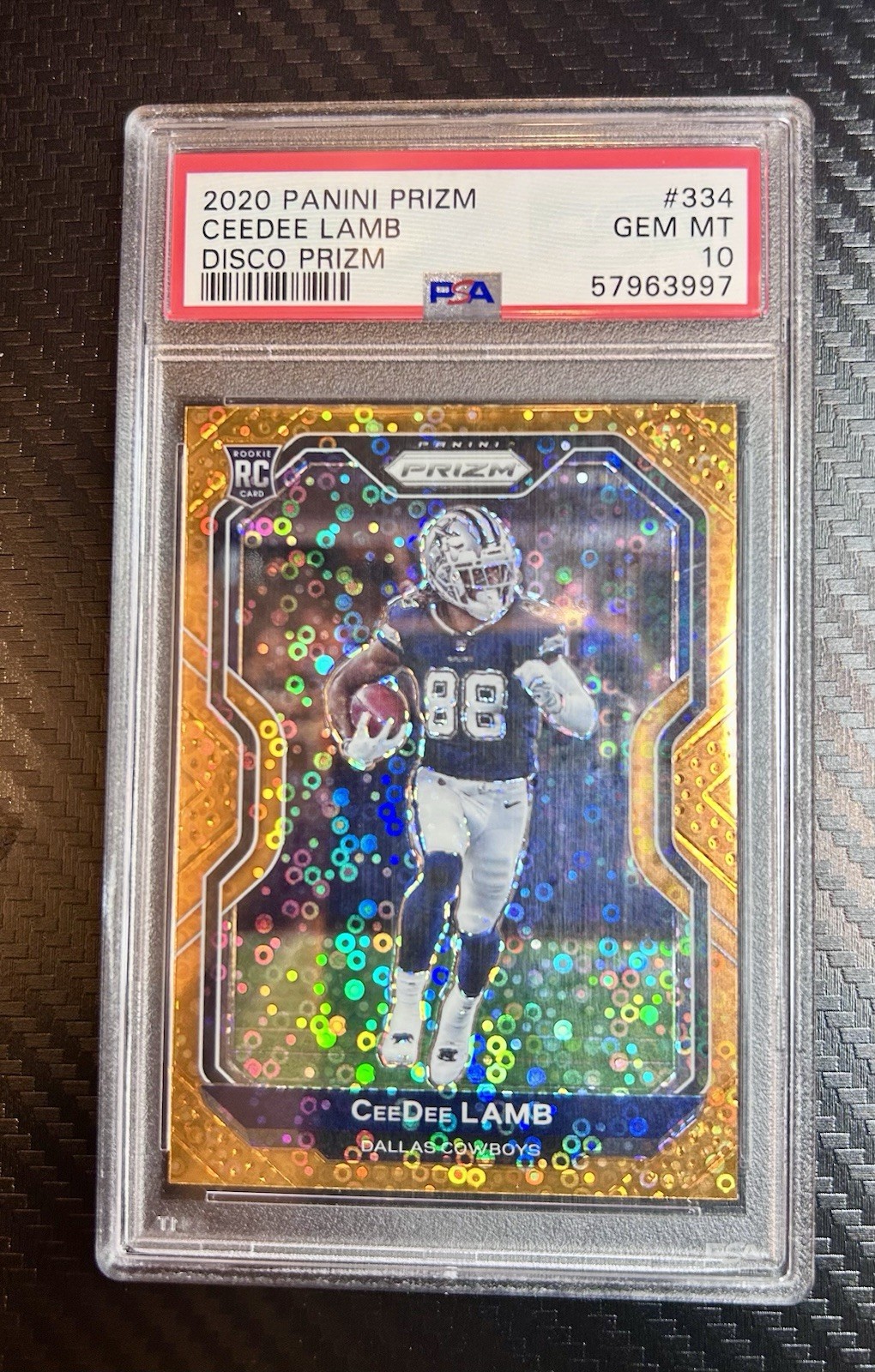 CeeDee Lamb Orange Disco #334, 2020 Panini Prizm NFL Dallas Cowboys PSA 10 (RC)