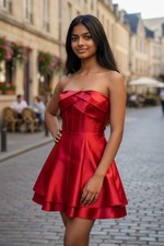 Jessica McClintock Gunne Sax Red Satin Strapless Mini Holiday Dress Sz 5 Vtg