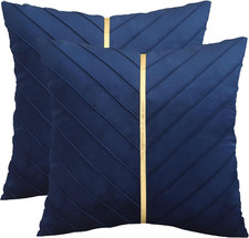 Navy Blue Velvet Throw Pillow Covers 18 x 18 inch Pack of 2 with Gold Leather Ch