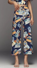 Anthropologie Maeve Colette High Rise Wide Leg Cropped Pants Travel Print 27 NWT
