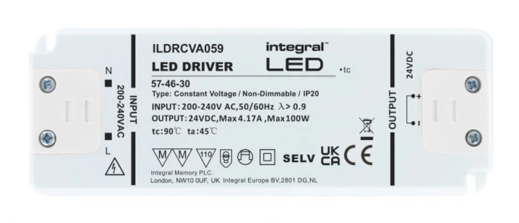 24v LED Driver 100w Slim Screw Terminals Integral ILDRCVA059