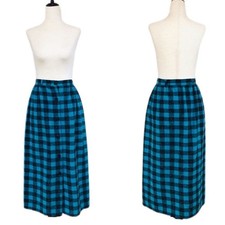 VINTAGE Buffalo Plaid Midi Skirt Size 2 Blue Black Button Front Wool Blend