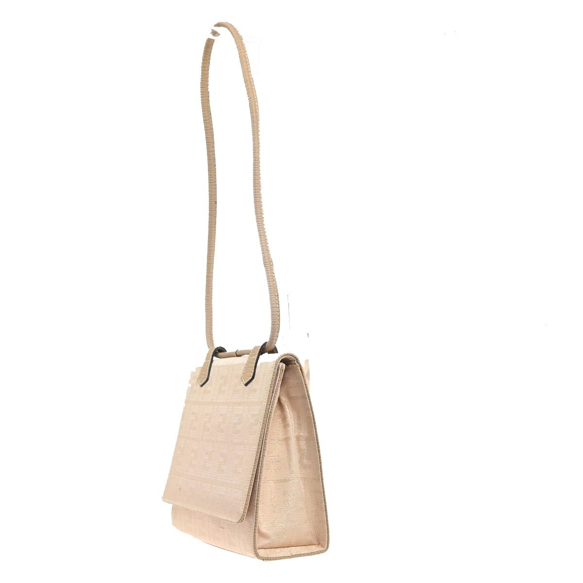 FENDI Zucca Pattern Flap Shoulder Bag Canvas Leather Pink Beige