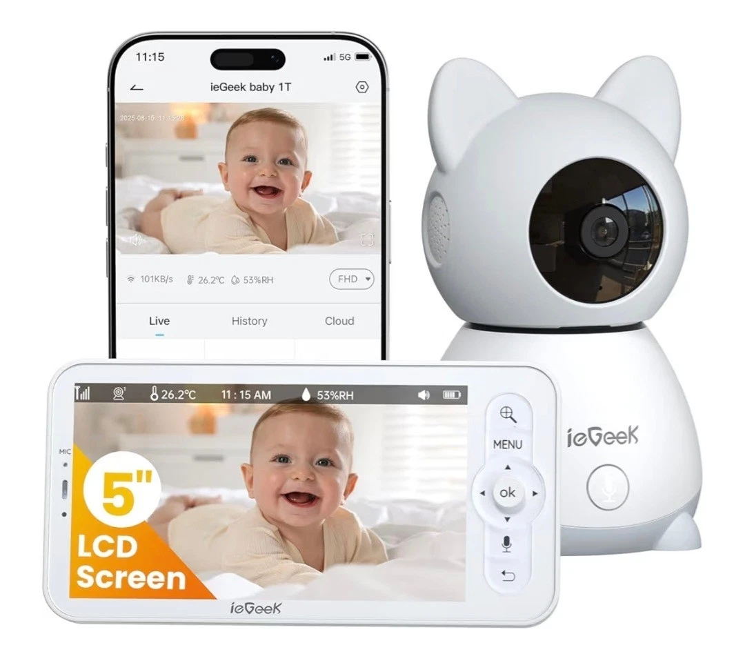 ieGeek Baby Monitor with 5" HD Screen, 2K Camera & Night Vision – WiFi/No-