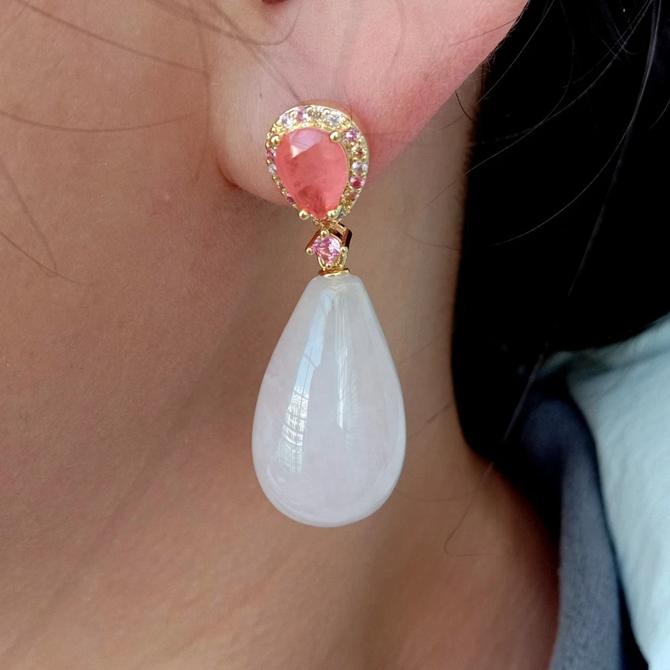 Rose Quartz Orange Crystal Stud Dangle Holiday Earrings Elegant Jewelry Gifts - Image 3 of 4