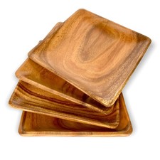 WRIGHTMART 8 Square Acacia Wood Plates Set of 4 Rustic Salad, Dessert, Snack