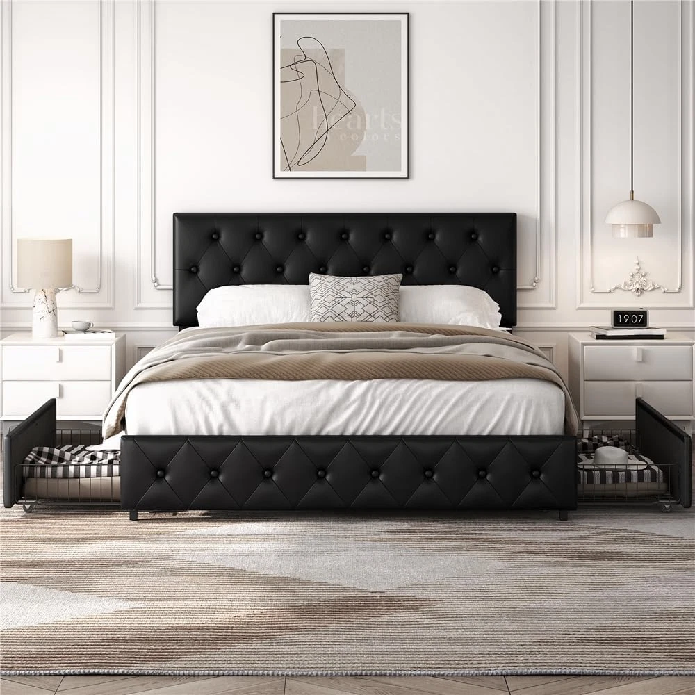Letto Matrimoniale Con Contenitore 160x200 Cm – Imbottito Con Testiera Regolabile, 4 Cassetti E Prese USB/Type-C, Rete A Doghe In Legno, Senza Materasso, Beige/Grigio