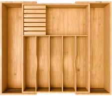 Premium Expandable Kitchen Drawer Organizer - 100% Bamboo Tray Great