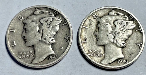 1941 & 1943  Silver Mercury Dimes  (Very Fine Details) Plastic Protector Include